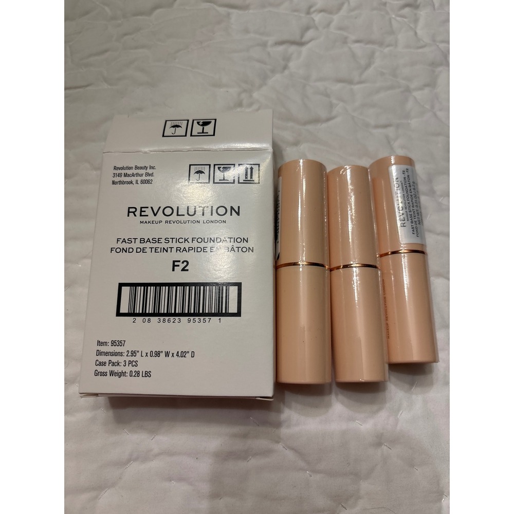 Revolution Fast Base Stick Foundation F2 3 Pack Fair Skin New Dewy Finish 95357